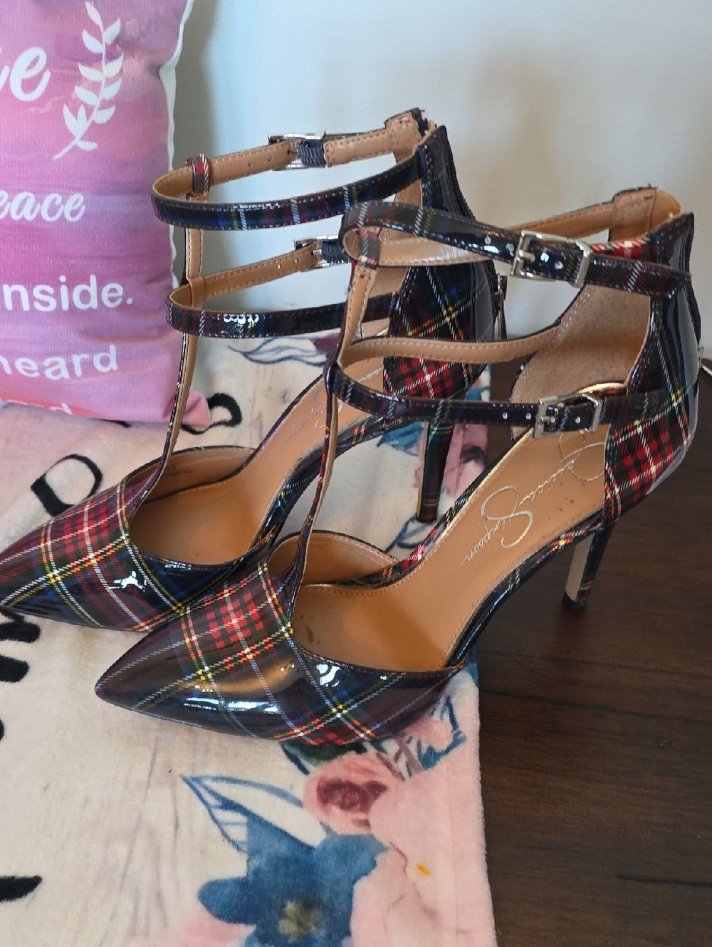 Jessica Simpson Black and Red Plaid Patent T-Strap Heels